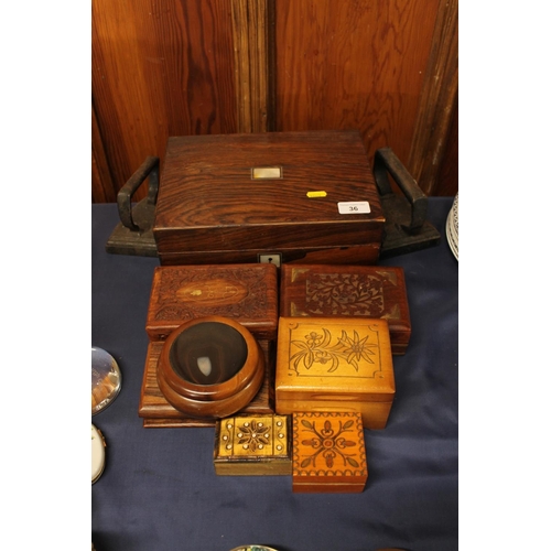 36 - Victorian rosewood hinge top jewellery box, 28cm high, two Indian carved sandalwood boxes, an agate ... 