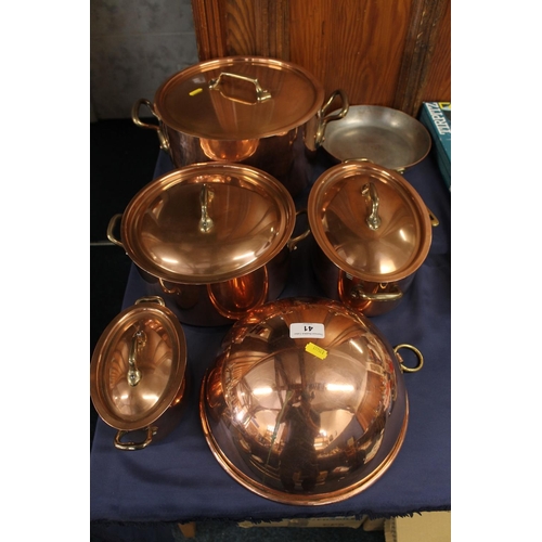 41 - Copperware to include twin handled pans and covers, a meringue bowl by Crate & Farrell of France... 