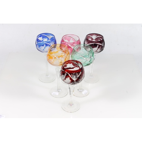 5 - Six Bohemian coloured flash glass hock glasses decorated with game birds, 20cm high.