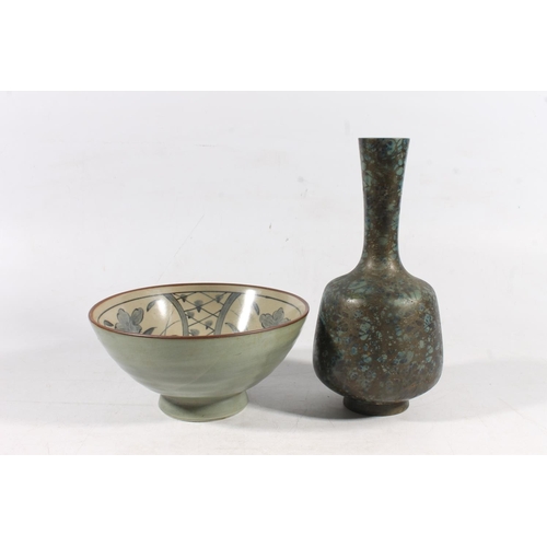 56 - Chinese metal mallet shaped vase with seal mark to base, 24cm high, and a Chinese style pottery bowl... 