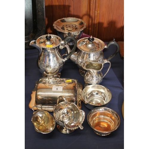 6 - Silver-plated ware to include a three piece teaset, a warming stand, a cheese dish and cover, etc.