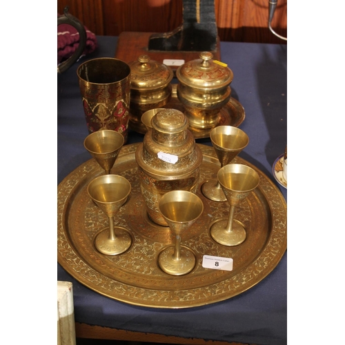 8 - Indian Benares brass drink set on stand, and similar items.