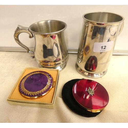 12 - Two pewter tankards and two ladies enamel compacts.