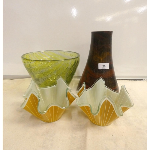 20 - Pair of straited handkerchief vases and two other pieces coloured glass.