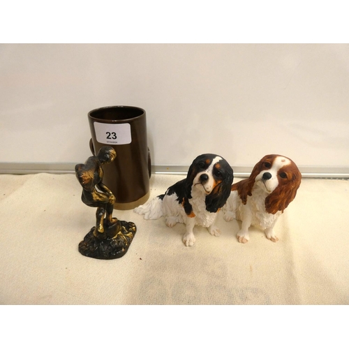 23 - Two small spaniel figures, brass figure of a Discus Thrower etc.