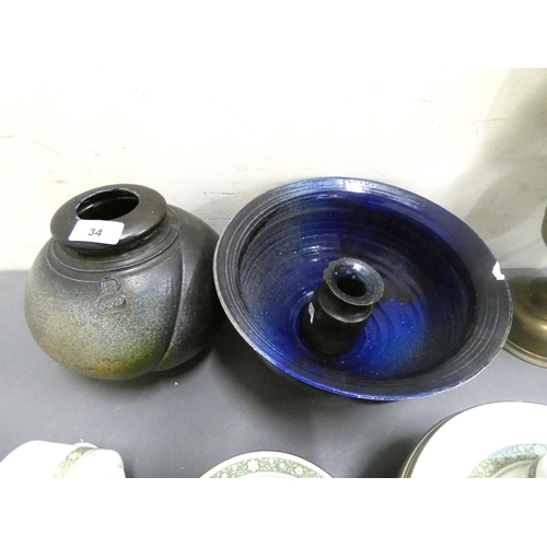 34 - Hugh West, Truro - Cornwall, three pieces of Raku fired studio pottery, to include an oviform vase, ... 