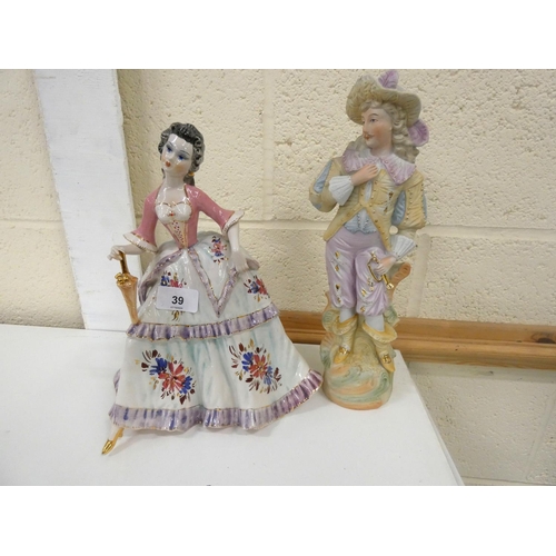 39 - Bisque figure of musician and another of a lady with a parasol. (2)