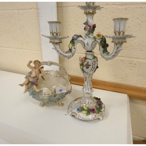 50 - Masson style candelabra and Dresden posy vase a/f.