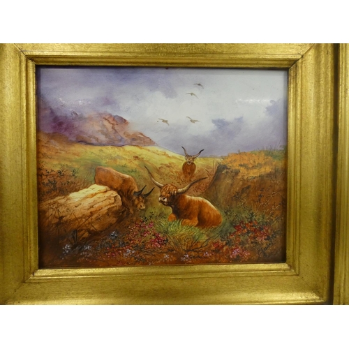 52 - Peter GoslingLandscape of cattleCeramic plaque in gilt frame.W.19.5cm x L.24cm