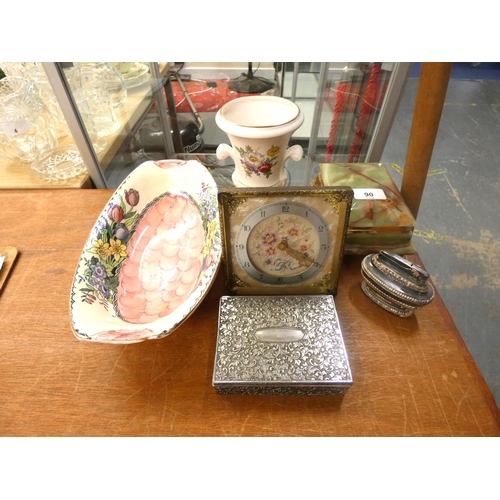 90 - Maling dish, twin handled vase, square clock, table lighters etc