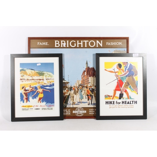 18A - Three reproduction travel posters to include Brighton Beach, Hiking and British Railways Sussex Shor... 