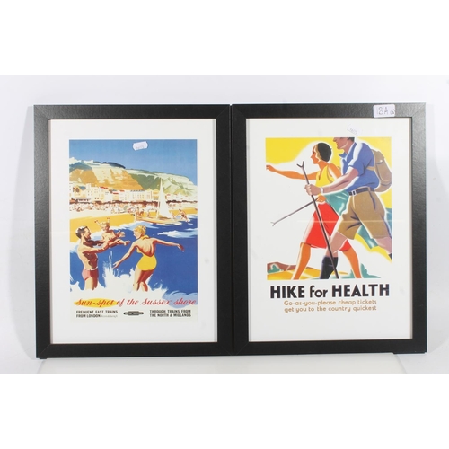 18A - Three reproduction travel posters to include Brighton Beach, Hiking and British Railways Sussex Shor... 