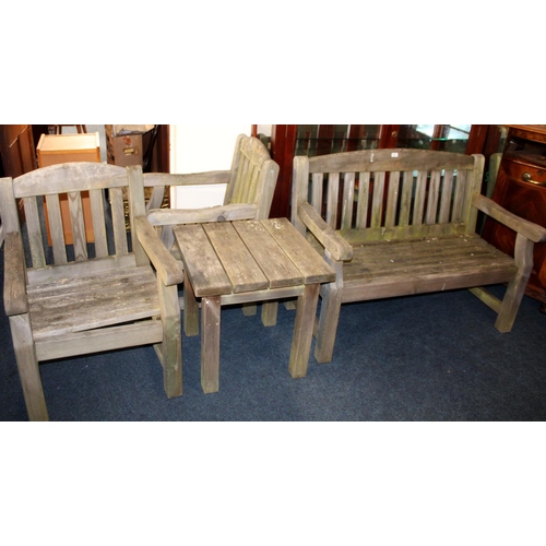 759 - Teak garden bench, with a matching chair and table.