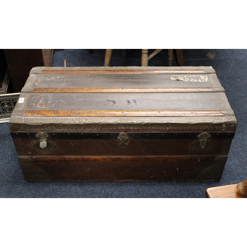 763 - Vintage wooden banded luggage trunk.