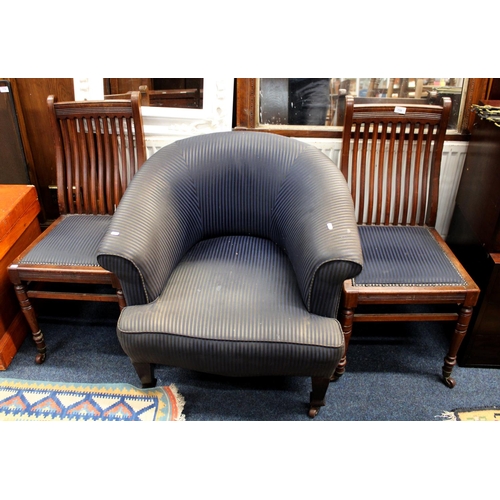 770 - Upholstered armchair and pair of matching upholstered hall chairs.