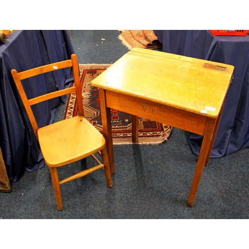 792 - Early 20th century pine school desk with matching chair.