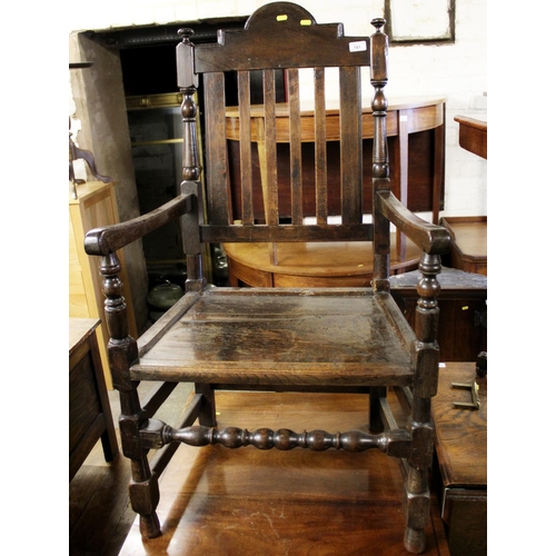 741 - Late 17th century / early 18th century style walnut high back chair with slat back, raised on block ... 