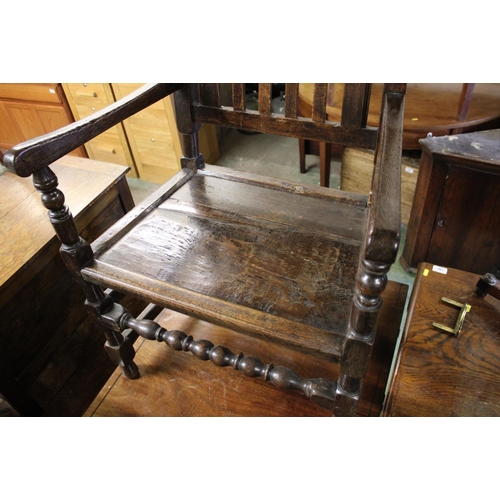 741 - Late 17th century / early 18th century style walnut high back chair with slat back, raised on block ... 