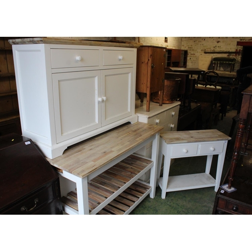 756 - White painted pine kitchen units to include a side table, cabinet and a rack.