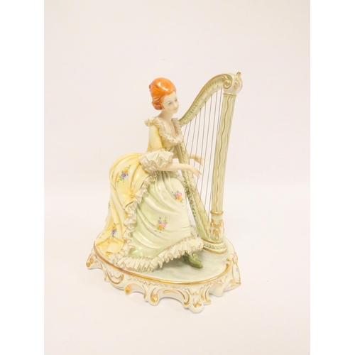 162 - Naples figure of a seated harpist, 27cm, and a Continental figure of an 18th century flautist. ... 