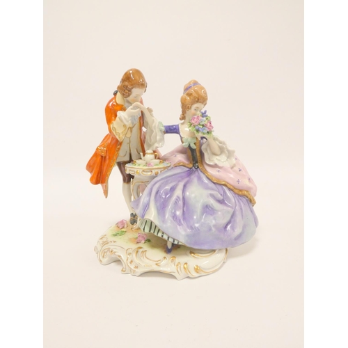 168 - Continental figure group of a lady and gentleman taking tea, unmarked, 22cm wide; also two other Con... 