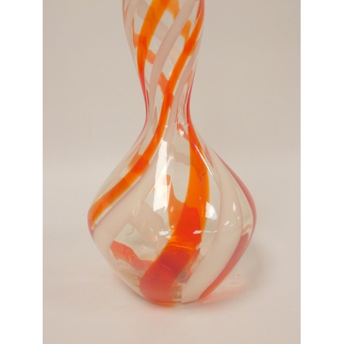 302 - 1960's tall-necked baluster vase with red and white striations and clear glass pointed stopper, 65cm... 