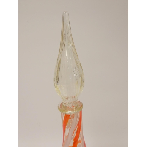 302 - 1960's tall-necked baluster vase with red and white striations and clear glass pointed stopper, 65cm... 