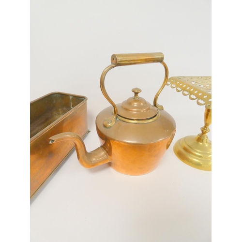 277 - Victorian copper kettle; a copper rectangular planter with mask ring handles and claw feet and a pie... 