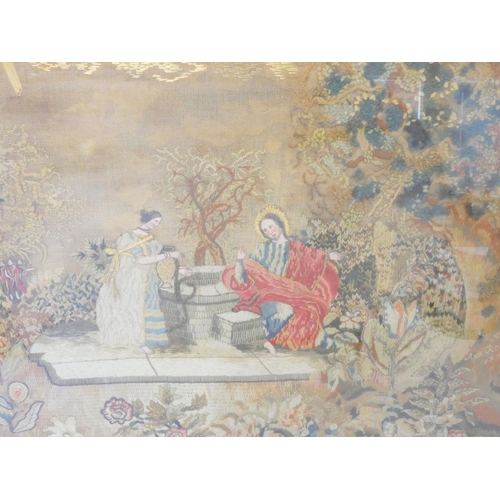 312 - Fine 19th century silk and wool work tapestry depicting Rebecca at the well, in naturalistic surroun... 