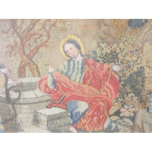 312 - Fine 19th century silk and wool work tapestry depicting Rebecca at the well, in naturalistic surroun... 