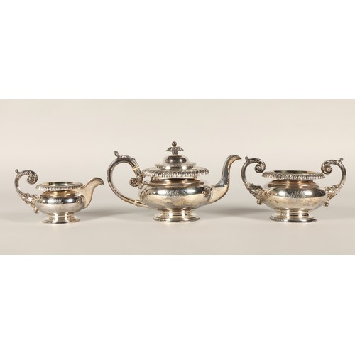 155 - George III silver three piece tea service, consisting of teapot, sugar and cream, assay marked Sheff... 