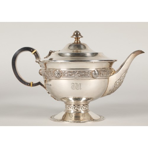 156 - Four piece silver tea service, consisting of teapot, coffee pot, sugar bowl and cream jug, decorated... 