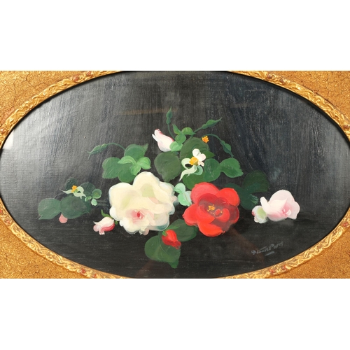 375 - Stuart Park  (Scottish 1862-1933)'Red and White Roses'Gilt framed oil on canvas , oval mountsigned l... 