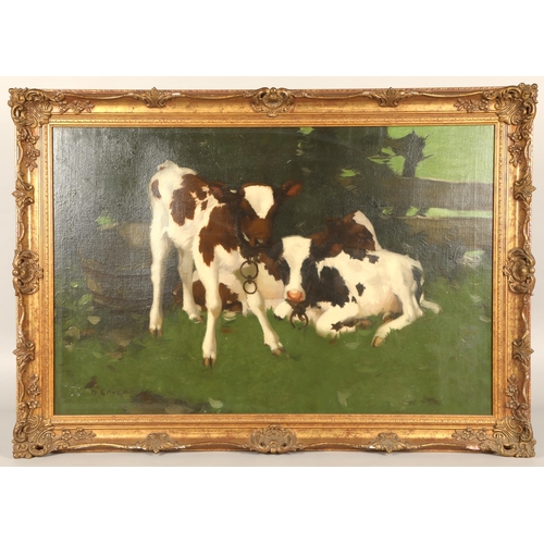 376 - David Gauld (Scottish 1862-1933)'Three Ayrshire Calves'Gilt framed oil on canvassigned lower left60c... 