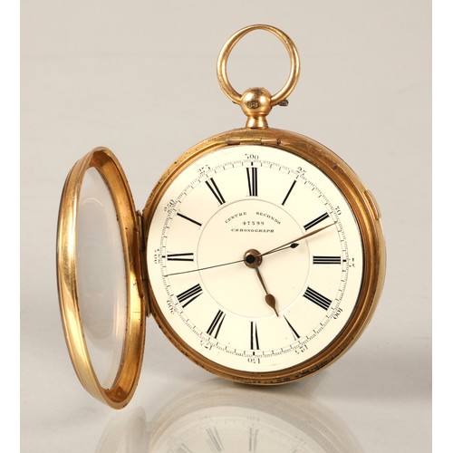 105 - 18ct gold open faced repeating pocket watch, white enamel dial with Roman numeral hour markers, dial... 