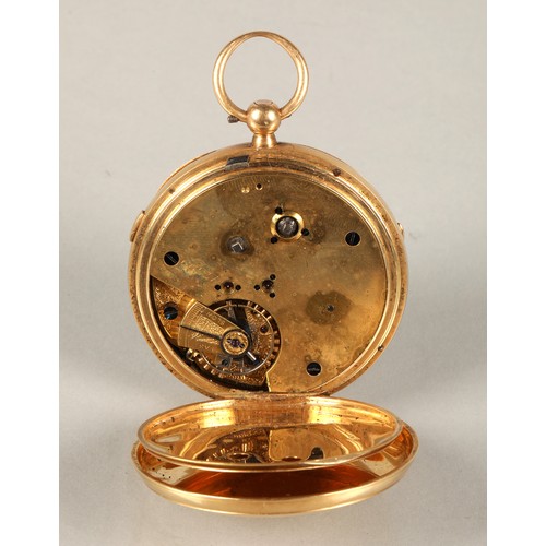 105 - 18ct gold open faced repeating pocket watch, white enamel dial with Roman numeral hour markers, dial... 