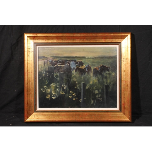 376 - LAURIE THERESE FORRESTER (1956-2004) *ARR* Cows in Meadow Oil painting, signed and dated 2000, lower... 