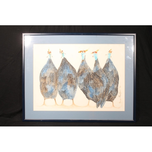 392 - INA PFEIFFER (South African Contemporary artist) Untitled - five guinea fowl Watercolour and gouache... 