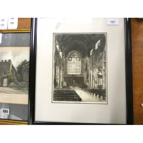 107 - B. Bainbridge pencil signed etching and Prudhoe castle.