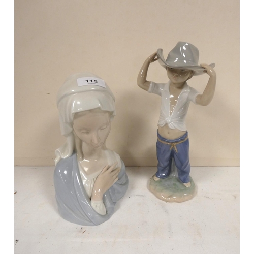 115 - NAO boy figure with cowboy hat. 287cm and Lladro bust of a lady 20cm high.