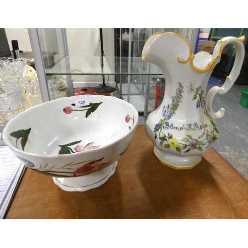 120 - Large continental floral jug and footed fruit bowl.