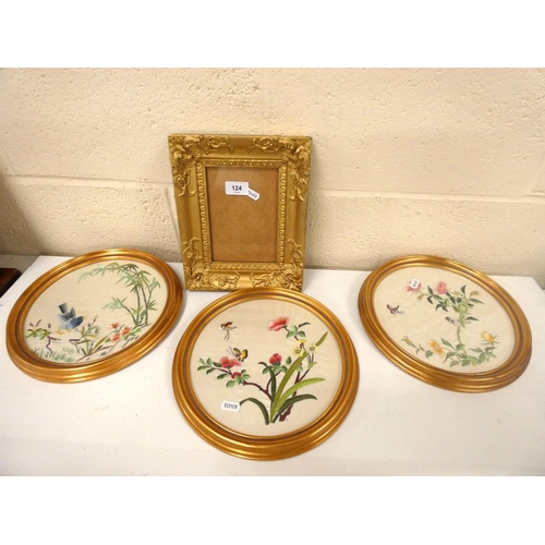 124 - Three modern oval silk work pictures and a gilt frame.