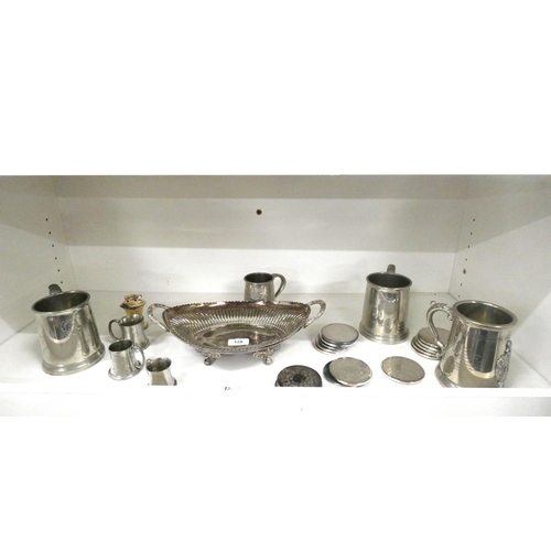 128 - Collection of various pewter tankards to include King's Own Borderers also dish and coasters.