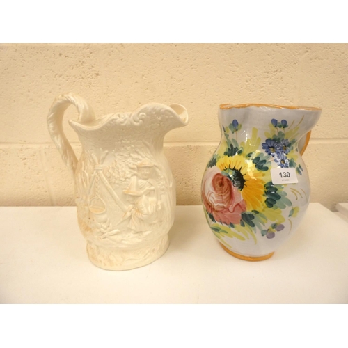 130 - Large Staffordshire jug and a continental floral decorated jug.