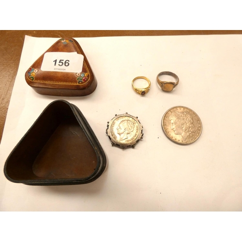 156 - Silver Morgan dollar, two dress rings etc.