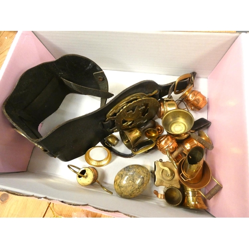 162 - Box of miniature brassware plus black forest musical dish.