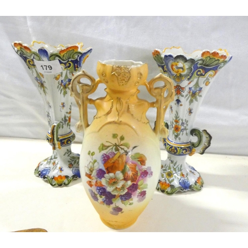 179 - Pair of continental Majolica vases and another (3)