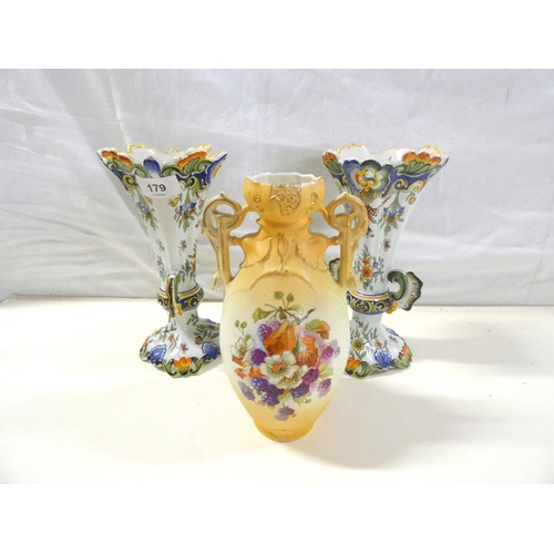 179 - Pair of continental Majolica vases and another (3)