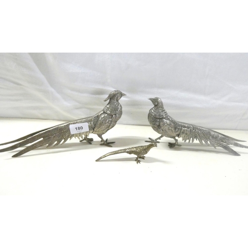 180 - Three white metal table pheasants.