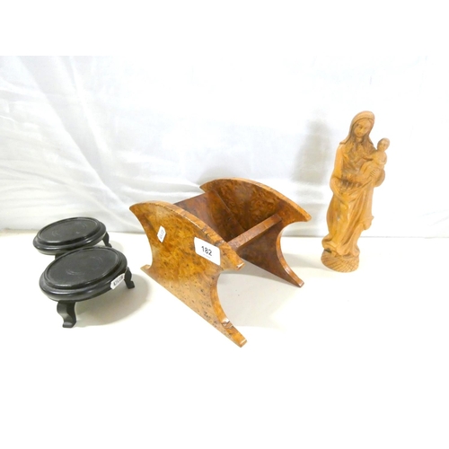 182 - Various treen to include Hardwood vase stands and Virgin Mary olive wood figure.